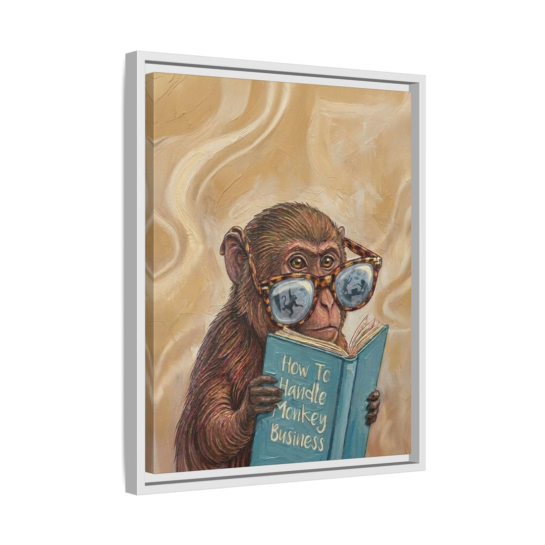 "Monkey Business" - Monkey Vertical Framed Canvas - Animal Book Humor Wall Art