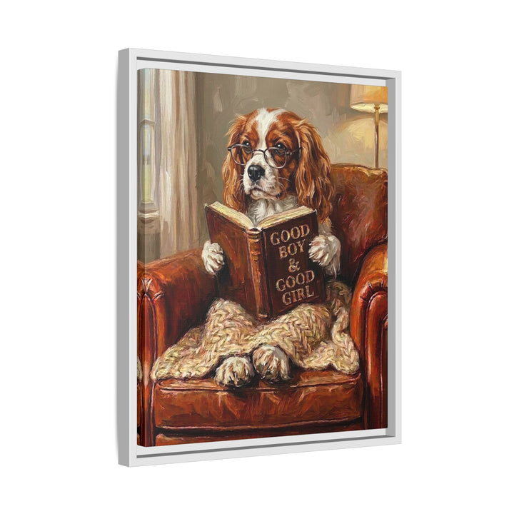 "Evening Read" - Cavalier King Charles Vertical Framed Canvas - Dog Lover Wall Art