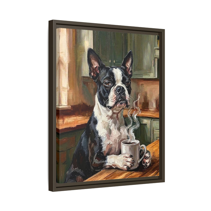 "Before Coffee" - Boston Terrier Vertical Framed Canvas - Dog Lover Wall Art