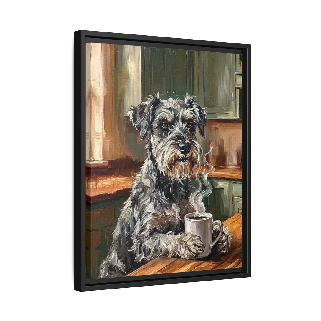 "Before Coffee" - Schnauzer Vertical Framed Canvas - Dog Lover Wall Art