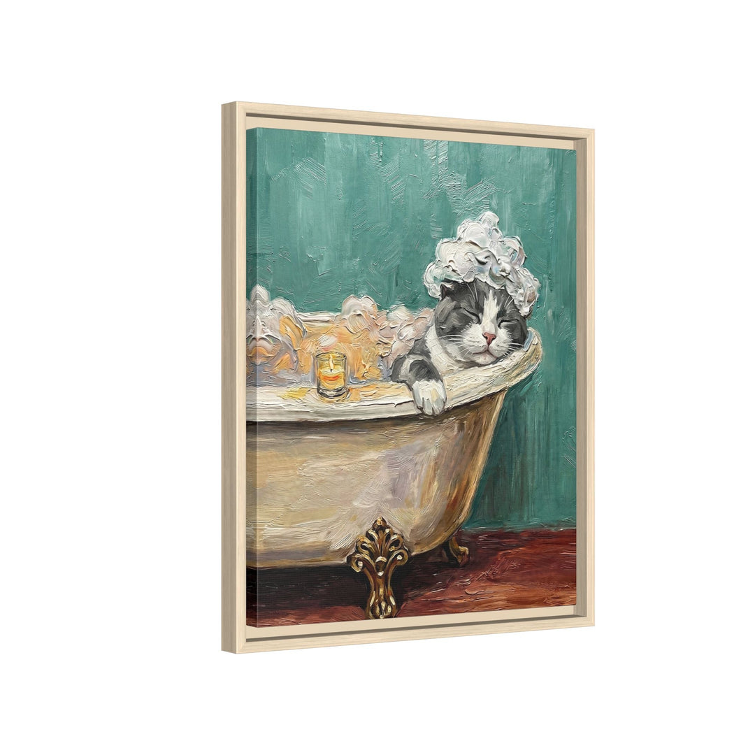 "Spa Day" - Grey & White Bicolor Vertical Framed Canvas - Cat Lover Wall Art