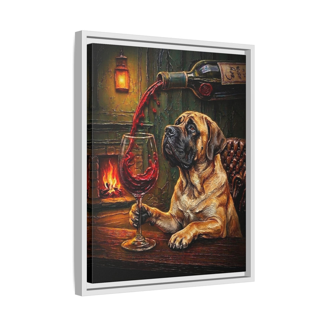 "Wine & Woof" - Mastiff Vertical Framed Canvas - Dog Lover Wall Art