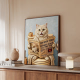 "Morning Business" - Fluffy White Cream Longhair Vertical Framed Canvas - Cat Lover Wall Art