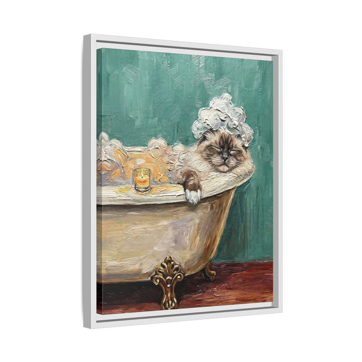 "Spa Day" - Fluffy Colorpoint Vertical Framed Canvas - Cat Lover Wall Art