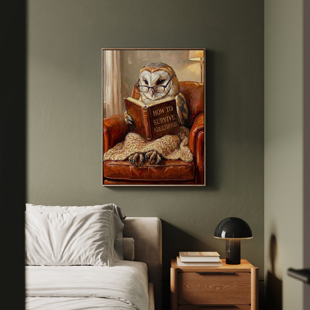 "Survive Adulthood" - Owl Vertical Framed Canvas - Spirit Animal Wall Art