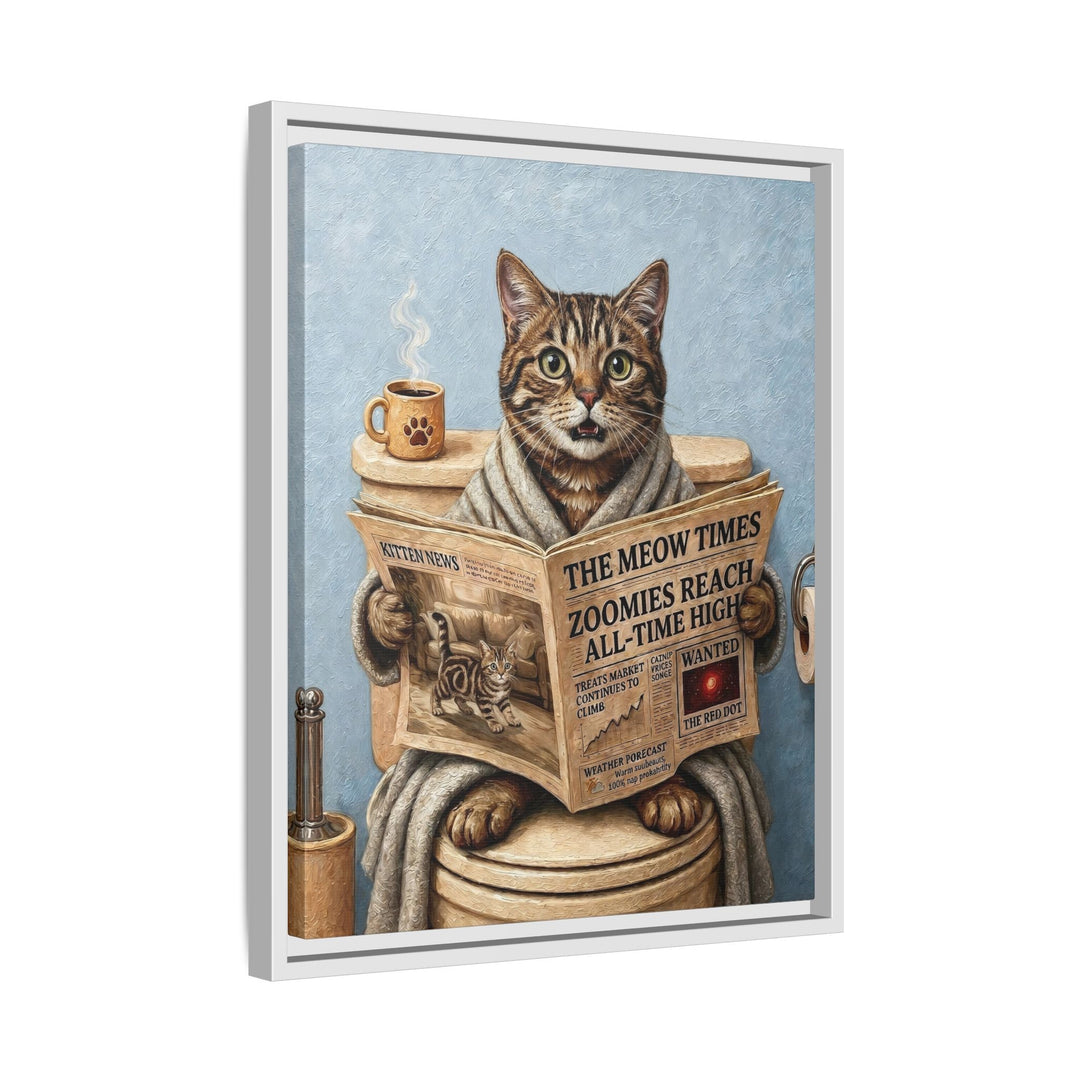 "Morning Business" - Classic Tabby Vertical Framed Canvas - Cat Lover Wall Art