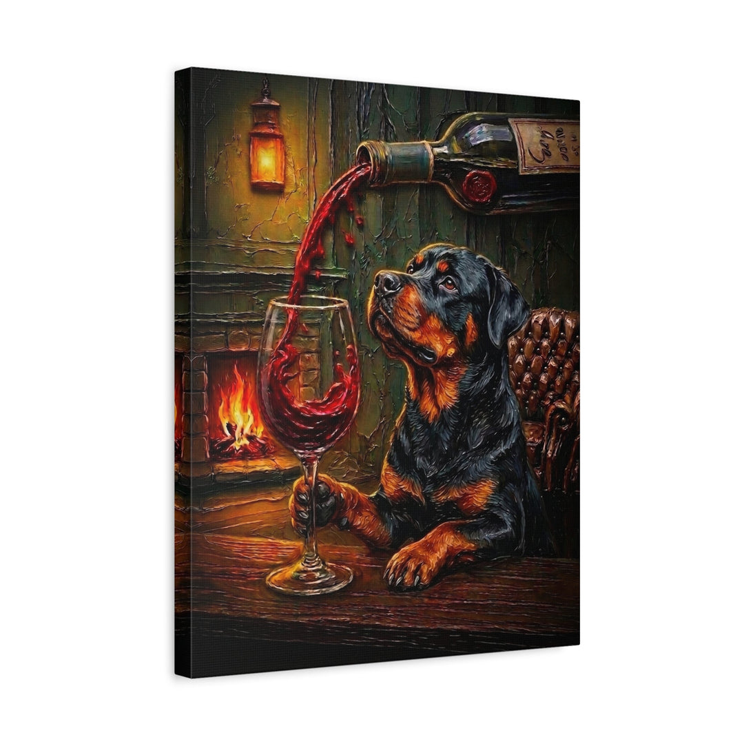 "Wine & Woof" - Rottweiler Vertical Canvas - Dog Lover Wall Art