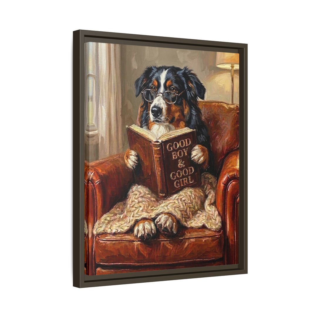 "Evening Read" - Australian Shepherd Vertical Framed Canvas - Dog Lover Wall Art