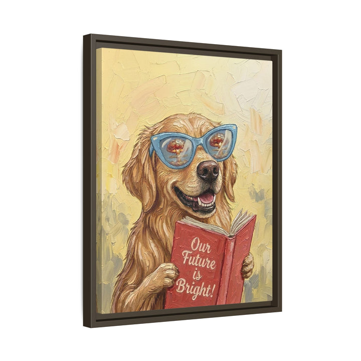 "Our Future is Bright" - Golden Retriever Vertical Framed Canvas - Animal Book Humor Wall Art