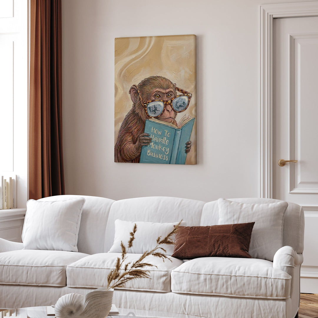 "Monkey Business" - Monkey Vertical Canvas - Animal Book Humor Wall Art