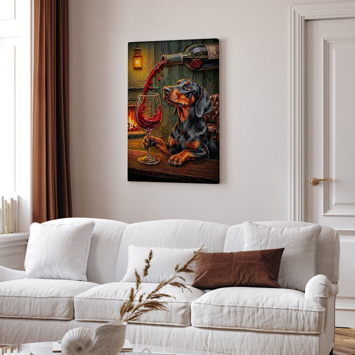 "Wine & Woof" - Doberman Vertical Canvas - Dog Lover Wall Art