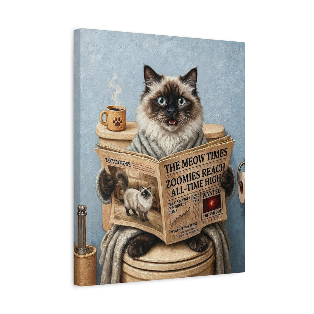 "Morning Business" - Fluffy Colorpoint Vertical Canvas - Cat Lover Wall Art