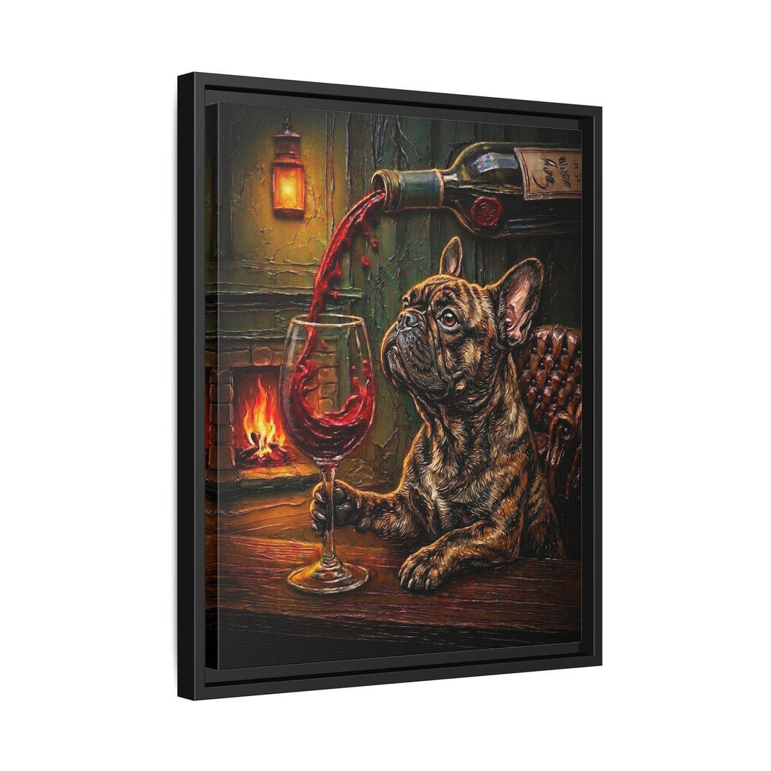 "Wine & Woof" - French Bulldog Vertical Framed Canvas - Dog Lover Wall Art