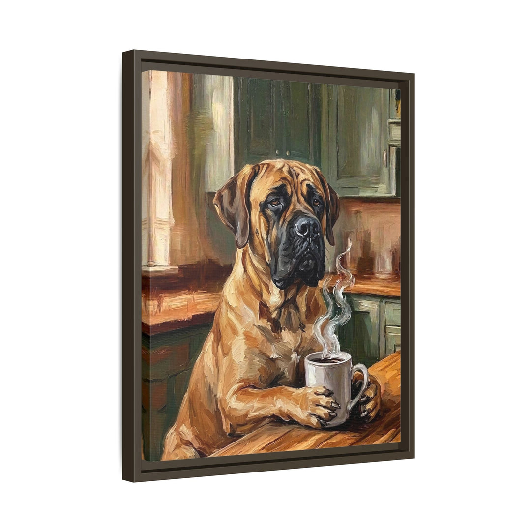 "Before Coffee" - Mastiff Vertical Framed Canvas - Dog Lover Wall Art
