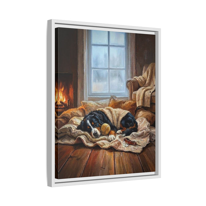 "Calm Memories" - Bernese Mountain Dog Vertical Framed Canvas - Dog Lover Wall Art