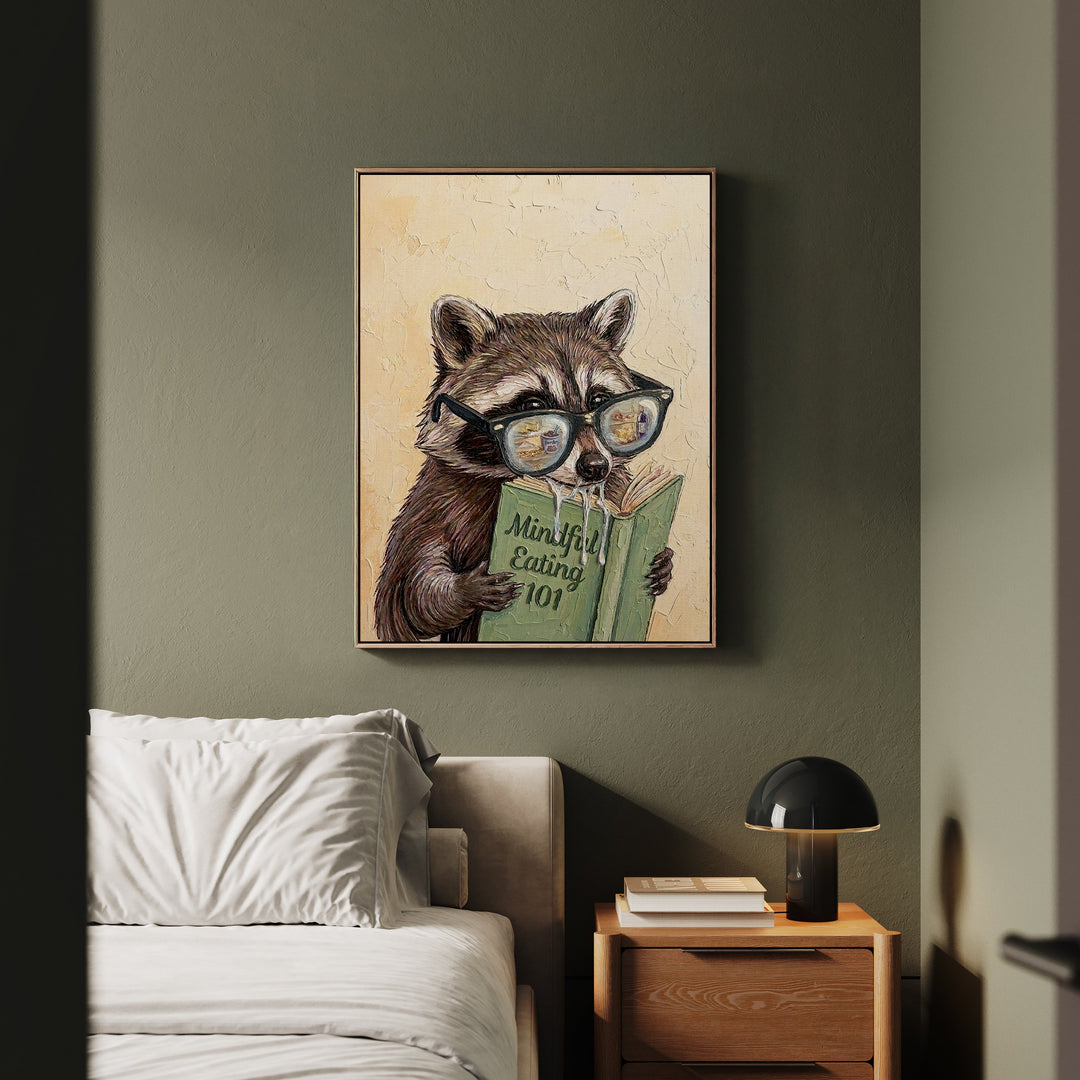 "Mindful Eating" - Raccoon Vertical Framed Canvas - Animal Book Humor Wall Art