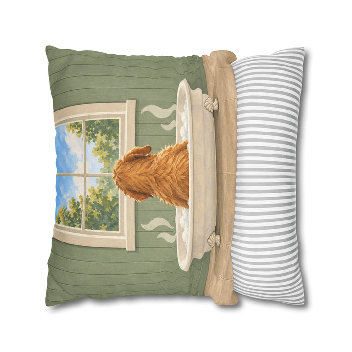The Sunday Soak – Dog Bathroom Art with a Back View in a Clawfoot Tub – Pillow / Cover