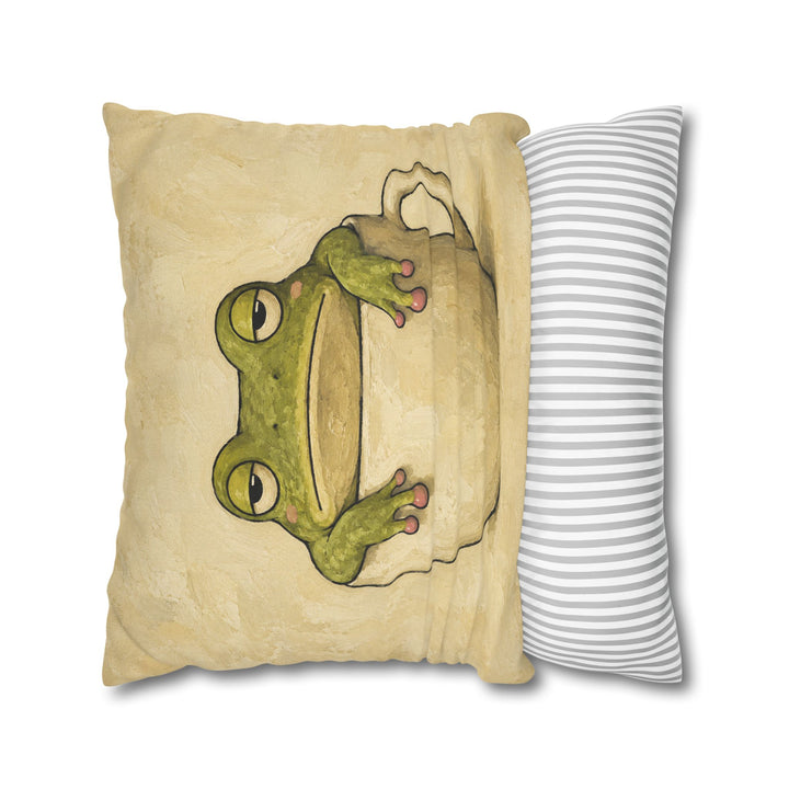 Frog on the Rim – Frog Wall Art with a Tenant Over a Ceramic Edge – Pillow / Cover