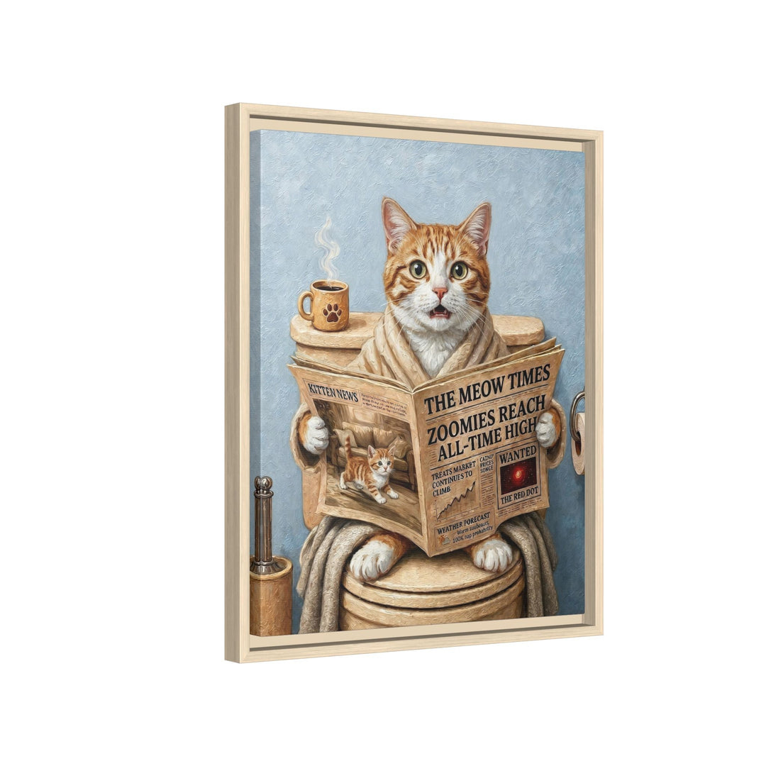 "Morning Business" - Orange & White Tabby Vertical Framed Canvas - Cat Lover Wall Art