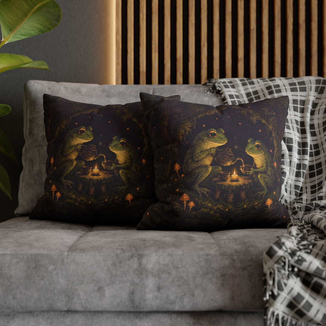 Midnight Tea Circle – Witchy Wall Art with Frogs Around a Candlelit Table – Pillow / Cover