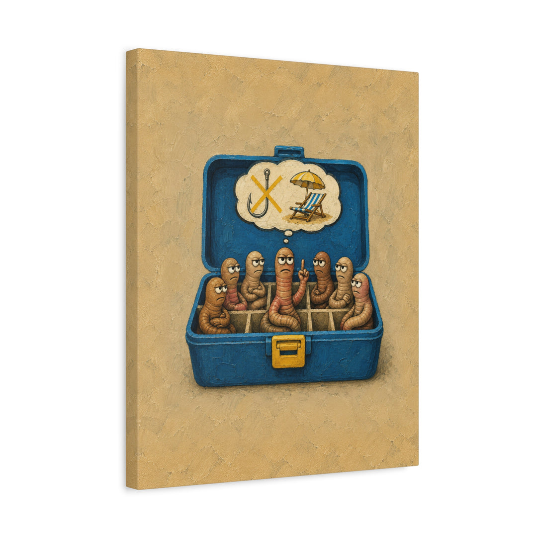 Worm Union Meeting – Fishing Art with Bait Worms Holding a Strike – Canvas / Framed Canvas