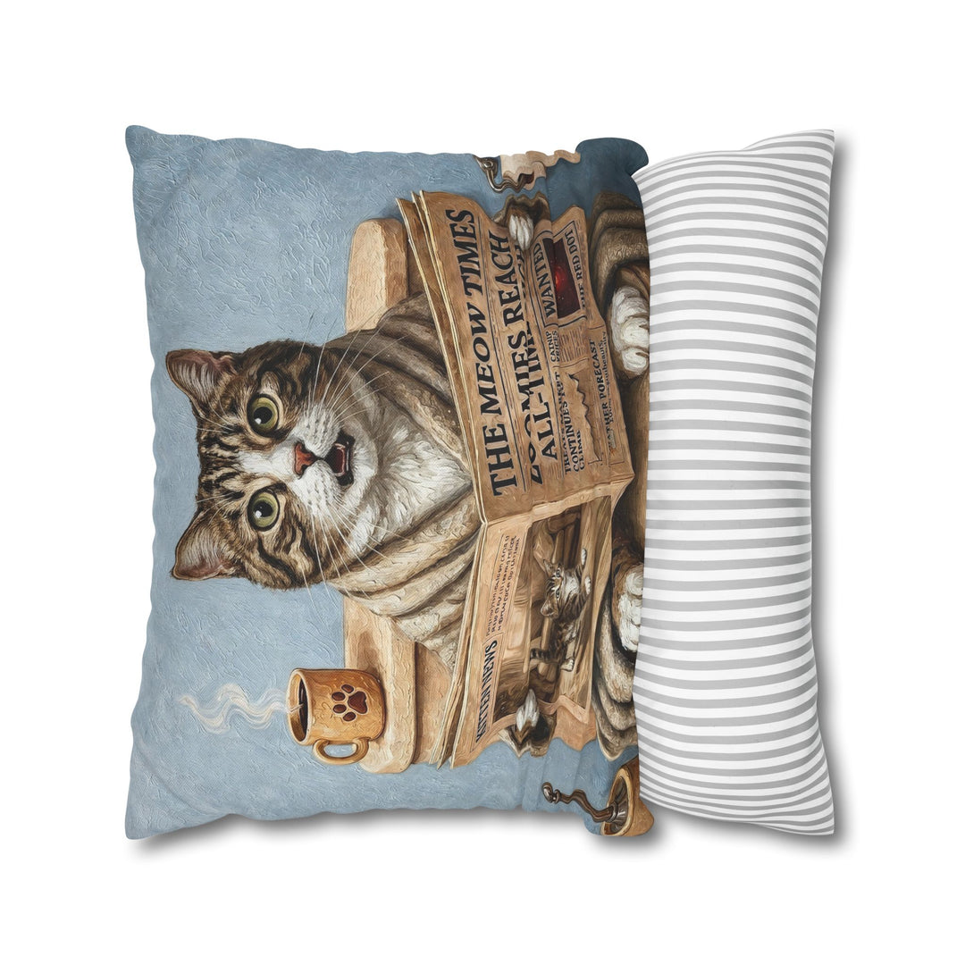 "Morning Business" - Brown Tabby & White Throw Pillow - Cat Lover Home Decor
