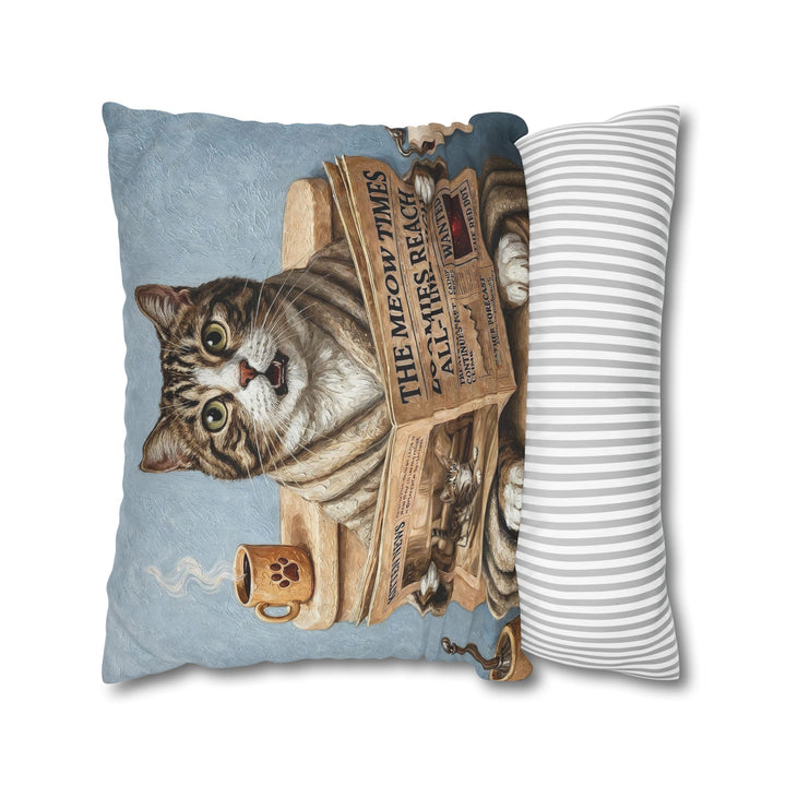 "Morning Business" - Brown Tabby & White Throw Pillow - Cat Lover Home Decor
