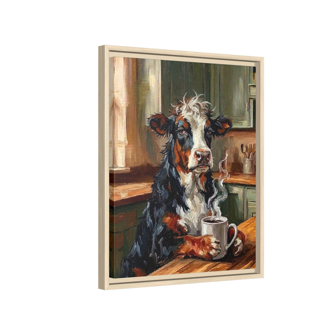 "Coffee & Silence" - Cow Vertical Framed Canvas - Spirit Animal Wall Art