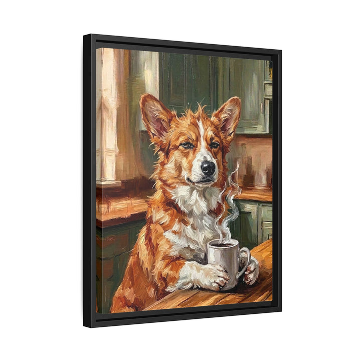 "Before Coffee" - Corgi Vertical Framed Canvas - Dog Lover Wall Art
