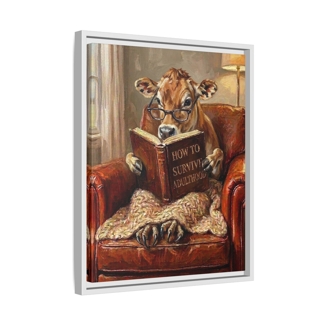 "Survive Adulthood" - Cow Vertical Framed Canvas - Spirit Animal Wall Art