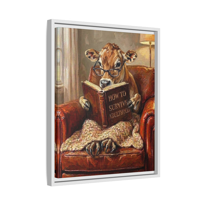 "Survive Adulthood" - Cow Vertical Framed Canvas - Spirit Animal Wall Art