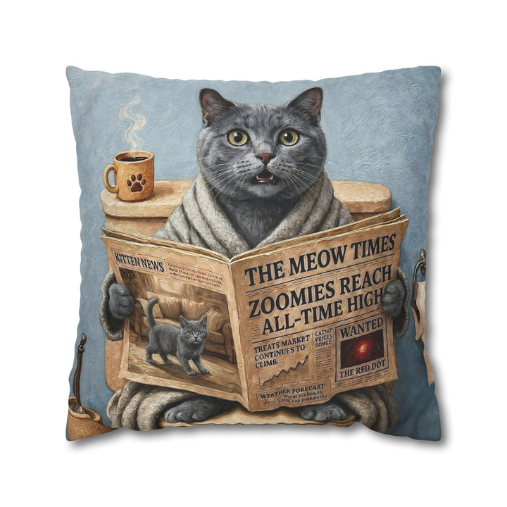 "Morning Business" - Solid Grey Throw Pillow - Cat Lover Home Decor