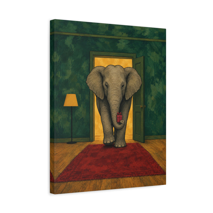 White Elephant, Literal – Christmas Wall Art with a Trunk and a Tiny Parcel – Canvas / Framed Canvas