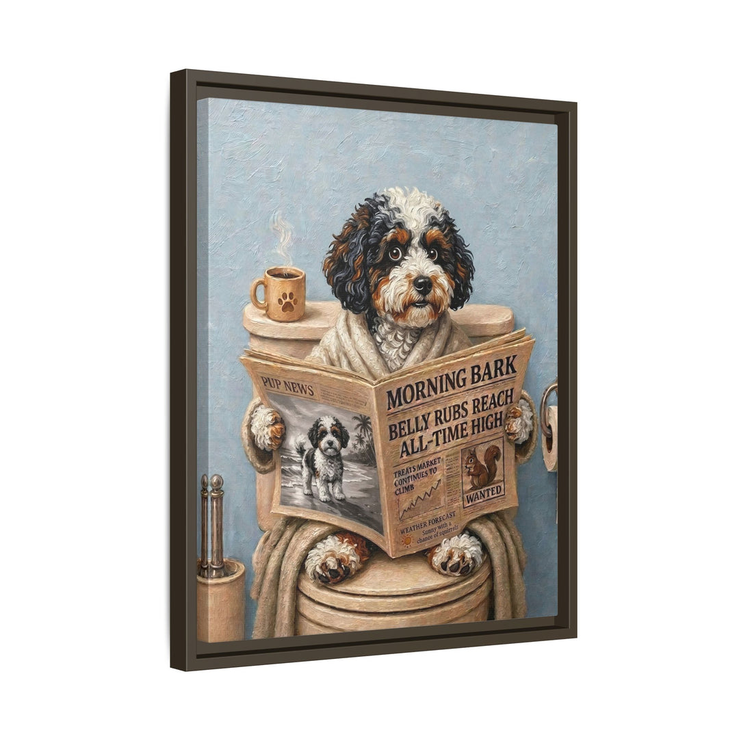 "Morning Business" - Bichon Frise Vertical Framed Canvas - Dog Lover Wall Art