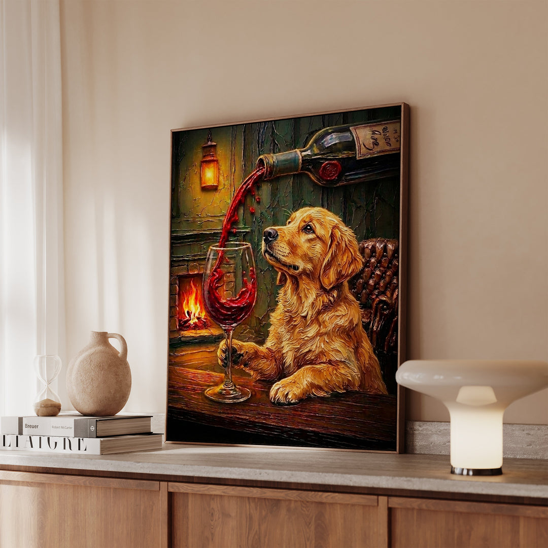 Golden Retriever Wine & Woof Framed Canvas