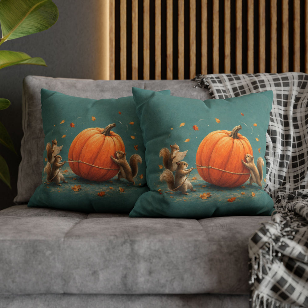 Pumpkin Logistics – Squirrel Art with a Team Rolling One Giant Gourd – Pillow / Cover
