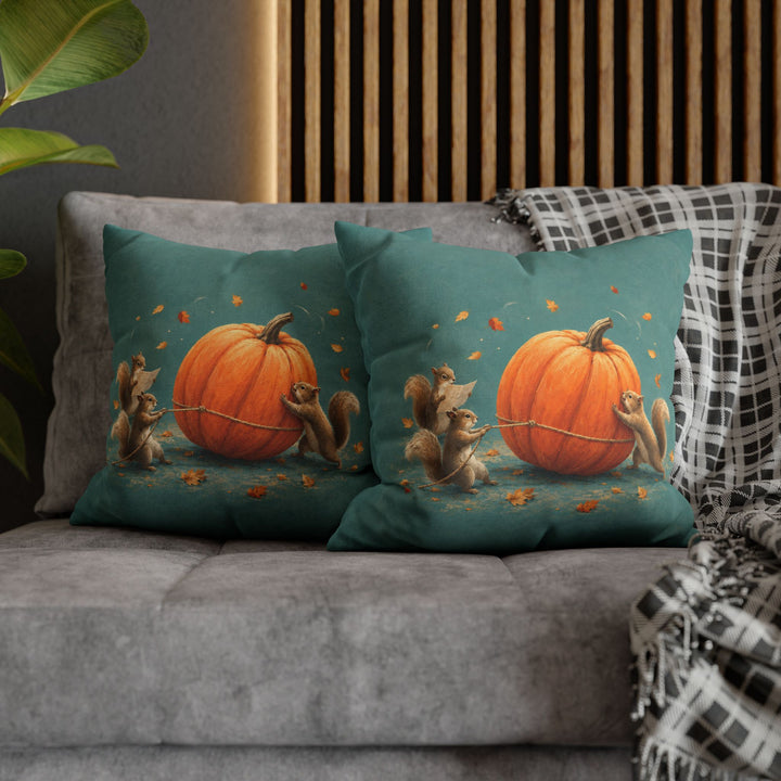 Pumpkin Logistics – Squirrel Art with a Team Rolling One Giant Gourd – Pillow / Cover