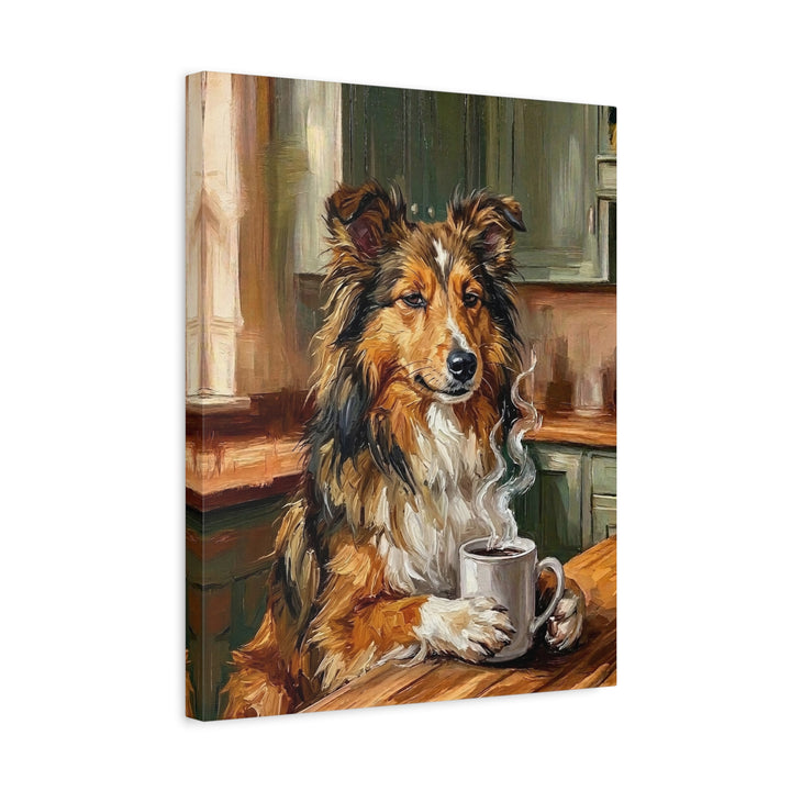 "Before Coffee" - Shetland Sheepdog Vertical Canvas - Dog Lover Wall Art