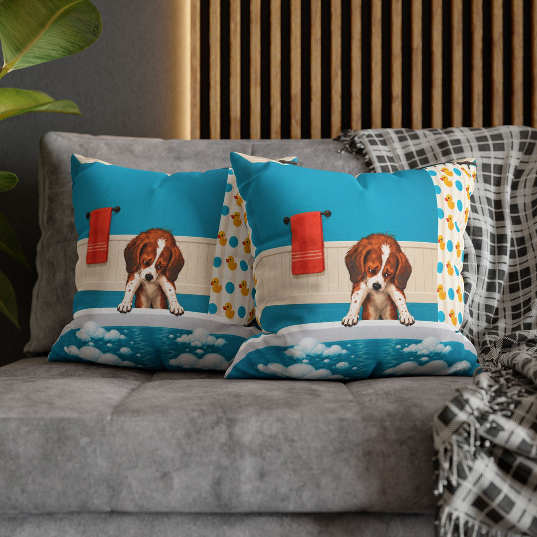 Bath Time Protest – Funny Bathroom Art with a Reluctant Droopy Dog – Pillow / Cover