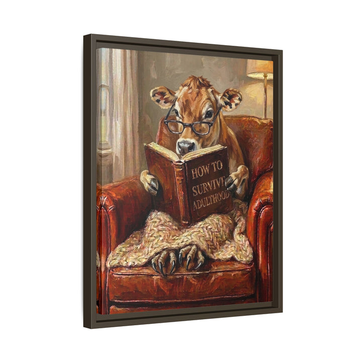 "Survive Adulthood" - Cow Vertical Framed Canvas - Spirit Animal Wall Art