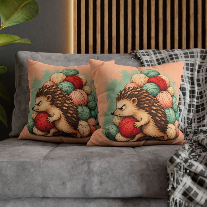 The Stash – Crochet Wall Art with a Hedgehog Guarding a Wool Hoard – Pillow / Cover