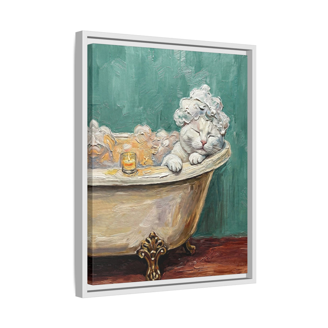 "Spa Day" - White Shorthair Vertical Framed Canvas - Cat Lover Wall Art