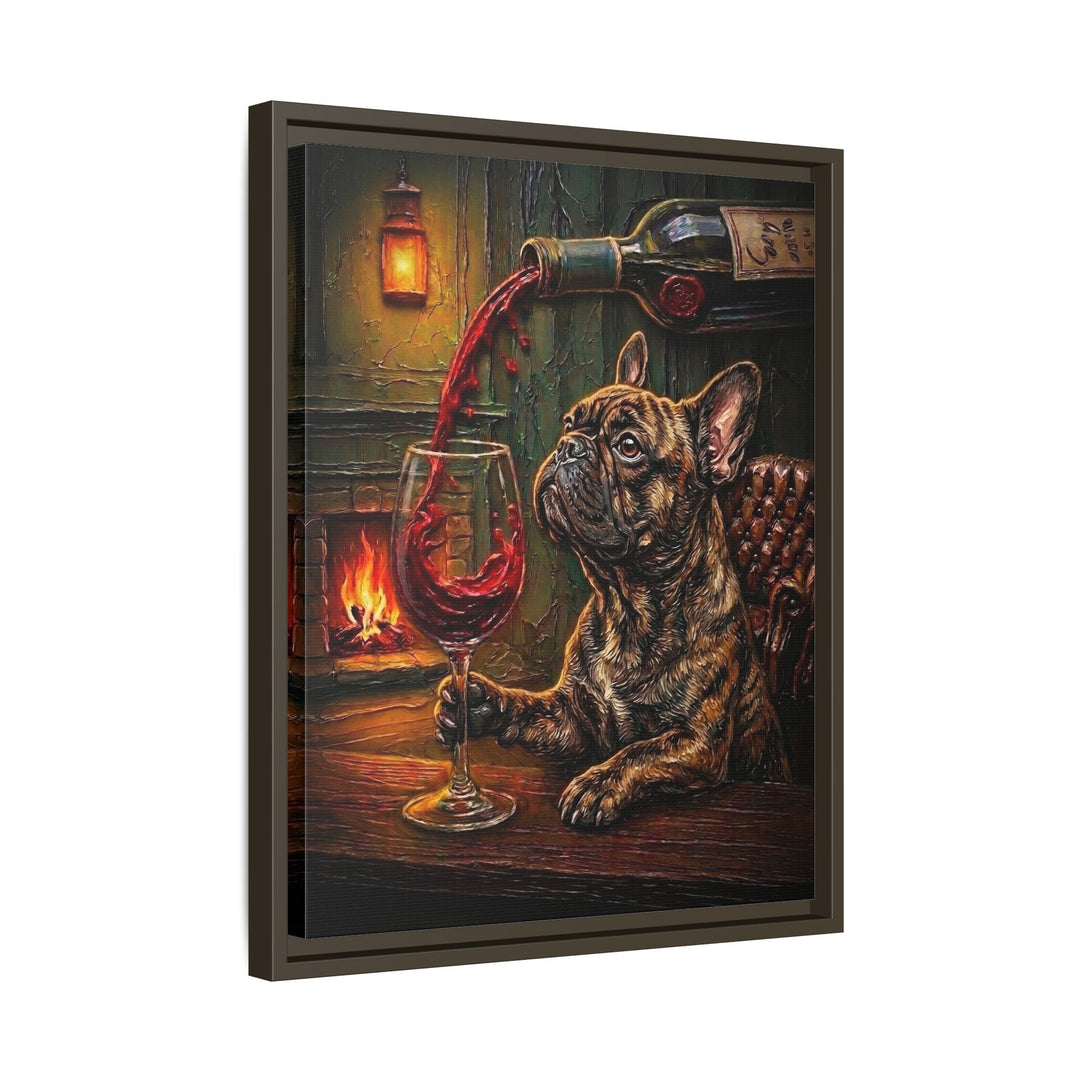 "Wine & Woof" - French Bulldog Vertical Framed Canvas - Dog Lover Wall Art