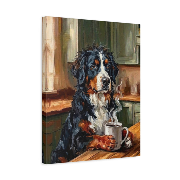 "Before Coffee" - Bernese Mountain Dog Vertical Canvas - Dog Lover Wall Art