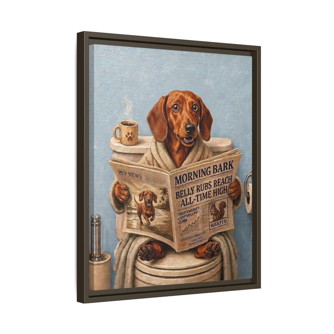 "Morning Business" - Dachshund Vertical Framed Canvas - Dog Lover Wall Art