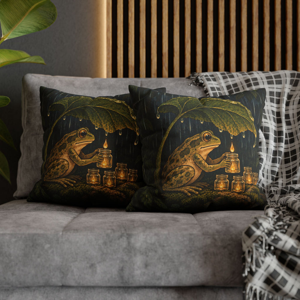 The Rain Collector – Cottagecore Decor with a Frog Tending Tiny Jars – Pillow / Cover