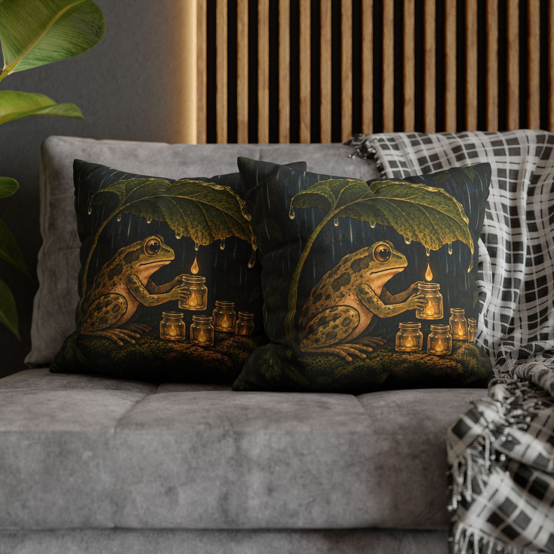 The Rain Collector – Cottagecore Decor with a Frog Tending Tiny Jars – Pillow / Cover