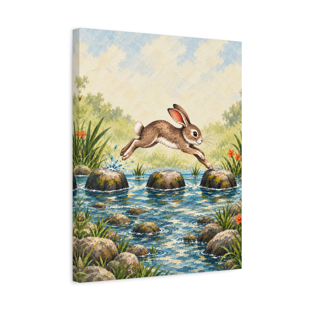 Stepping Stones – Nursery Wall Decor with a Playful Hare in Motion – Canvas / Framed Canvas