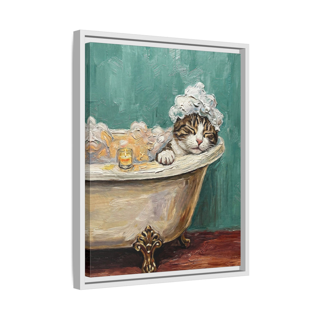"Spa Day" - Brown Tabby & White Vertical Framed Canvas - Cat Lover Wall Art