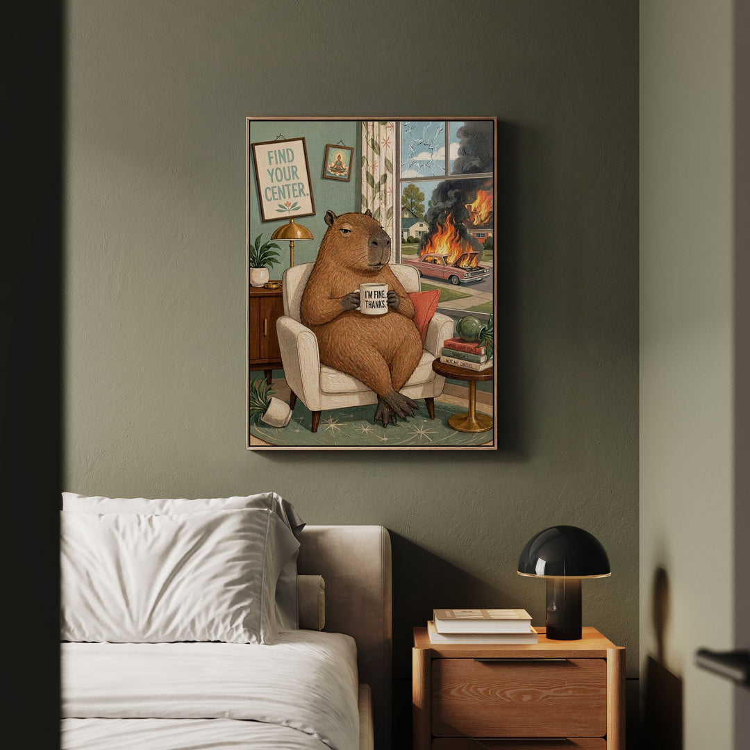 "I'm Fine Thanks" - Capybara Vertical Framed Canvas - Dark Burnout Humor Wall Art